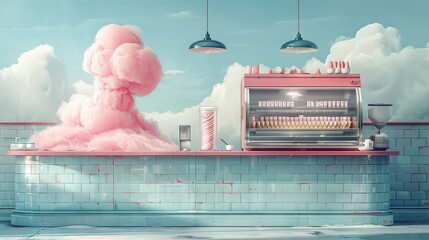 Illustrate a cotton candy machine in action with minimalist digital artwork. Use clean lines and a limited color palette to highlight the simplicity and charm of the machine, creating a nostalgic and