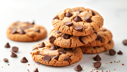 Close up of a delicious stack of chocolate chip cookies with loose chocolate chips surrounding them, celebrating national chocolate chip cookie day on a bright background