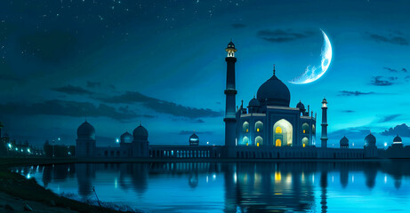 Naklejka premium An illustration shows an amazing mosque with intricate architecture at night with star and moon. Spiritual value of mosque architecture in Muslim traditions. Generative AI.