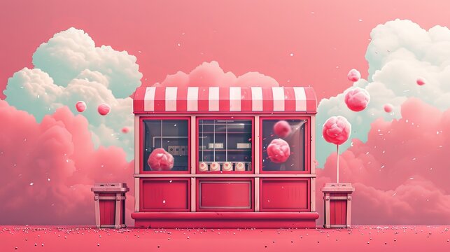 Illustrate a cotton candy machine in action with minimalist digital artwork. Use clean lines and a limited color palette to highlight the simplicity and charm of the machine, creating a nostalgic and