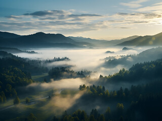 Dawn unveils a mystical scene with fog over forests and mountains