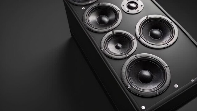 Black speaker system with multiple audio drivers on dark background