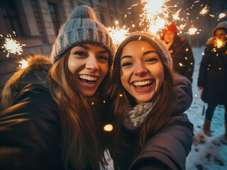 Festive revelry women ignite sparklers, celebrating amidst snow