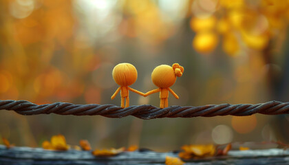 Two adorable, handmade dolls hugging on a rustic rope symbolize lasting friendship amid a warm, autumnal backdrop, celebrating the spirit of national friendship day