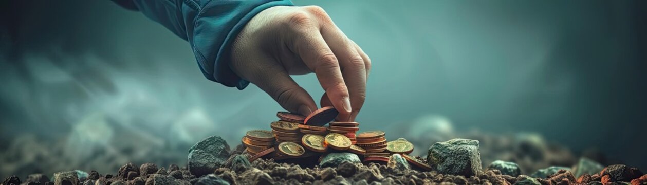 Hand collecting coins from the ground, symbolizing savings and financial growth amidst a blurred outdoor background.