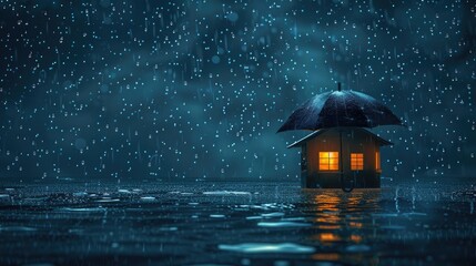 A house under an umbrella, illuminated