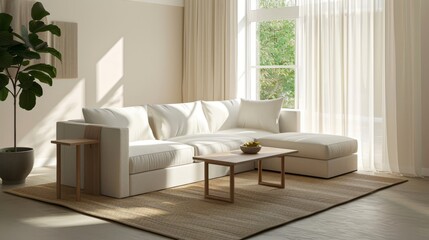 A living room with a minimalist sectional,  a coffee table,  and a neutral rug