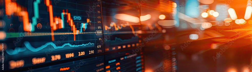 Poster close-up of financial stock market graph, displaying data on a blurred background with vibrant orang