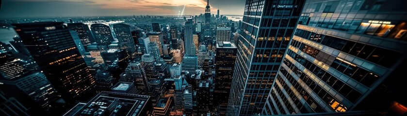 Aerial view of a bustling city during dusk with skyscrapers and streets illuminated, capturing the essence of urban life and architecture.