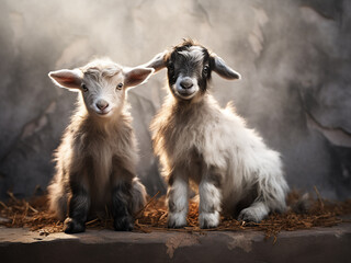 Rural tranquility brown spotted goat resting, gray one standingserene farm life