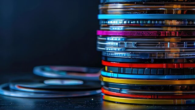 Colorful stack of CDs and DVDs on dark background