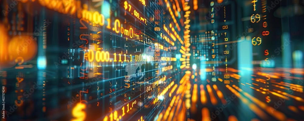 Poster Abstract representation of digital data and technology, showcasing glowing data streams, codes, and futuristic network connections.