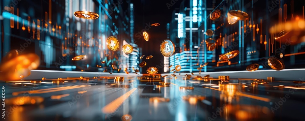 Poster Futuristic cityscape with floating cryptocurrency coins, representing digital finance and blockchain technology.