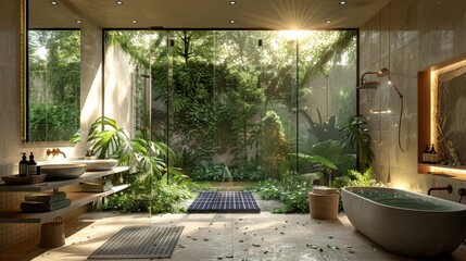 A luxurious bathroom with eco-friendly fixtures and a view of a solar panel garden --ar 16:9 --seed 62677782 --stylize 250 Job ID: f65b44e0-1a77-4ebf-8dcf-a130fade625f