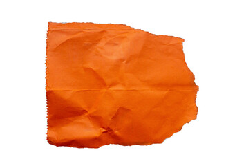 Ripped wrinkled orange paper piece on transparent background. copy space