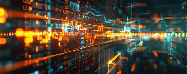 Obraz premium Abstract digital interface with glowing data streams and futuristic technology elements, creating a sense of high-speed information flow.