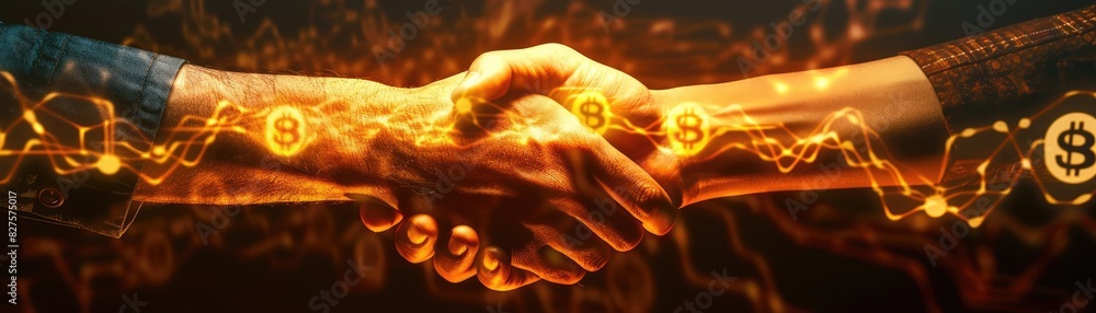 Aufkleber Dynamic handshake with digital cryptocurrency symbols, representing blockchain technology and modern finance in a futuristic context.