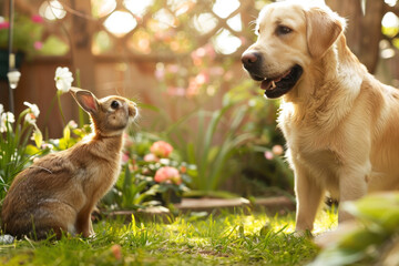 A curious rabbit and a friendly Golden Retriever share a moment in a sunny garden filled with blooming flowers.