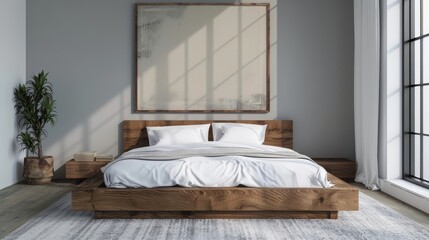 A bedroom with a low bed,  white bedding,  and a single piece of abstract art