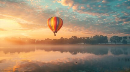 A colorful hot air balloon drifting over a tranquil lake generated by AI