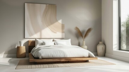 A bedroom with a low bed,  white bedding,  and a single piece of abstract art