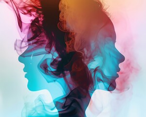 Fototapeta premium Double exposure of a woman's silhouette with colorful smoke effects, creating an abstract and artistic visual representation.