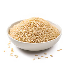 Bowl of Uncooked barley Rice in a white bowl and white background