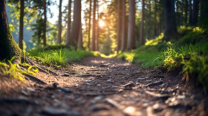 Fototapeta premium Forest trail with morning sunlight streaming through trees