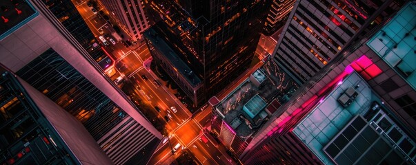 Obraz premium Aerial night shot of a vibrant cityscape with glowing lights and towering skyscrapers creating a stunning urban scene.