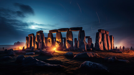 Beautiful Fire Torches on An Ancient Stone Circle Landscape Background