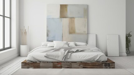 A bedroom with a low bed,  white bedding,  and a single piece of abstract art