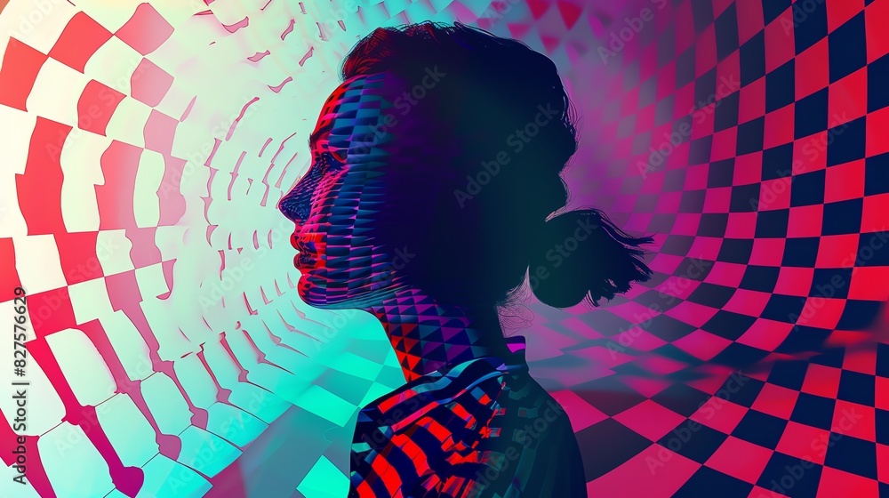 Poster silhouette of a woman with abstract checkered patterns in vivid colors, creating a surreal and mesme