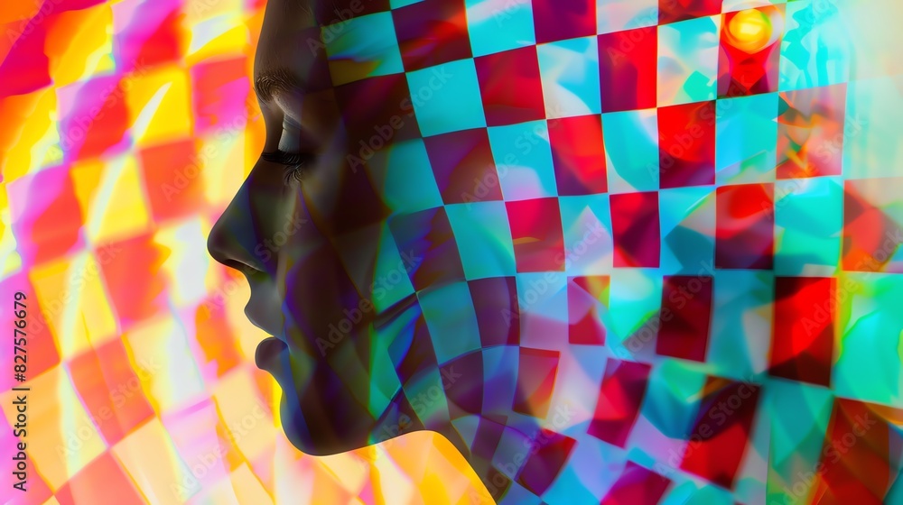 Poster a silhouette of a human profile with a vibrant, colorful checkerboard pattern overlay, creating a su