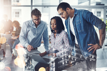 Business people, laptop and meeting with double exposure at office for corporate infrastructure, design or research and development. Group of young employees working together on computer for teamwork