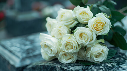 Obraz premium A bouquet of white roses lying on a marble tombstone , generative AI