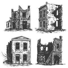 abandoned buildings with engraving style black color only
