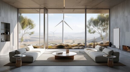 A luxurious living room with sustainable furniture and a view of a wind turbine farm --ar 16:9 --seed 97186238 --stylize 250 Job ID: 5d36d3f9-ad89-4802-80ea-efc2fea13aa2