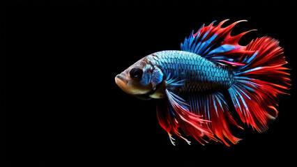 Fototapeta premium Bright blue betta fish with long fins and tail on a black background. The metallic shine of the fish scales and the pattern of stripes on the fins create an impression.