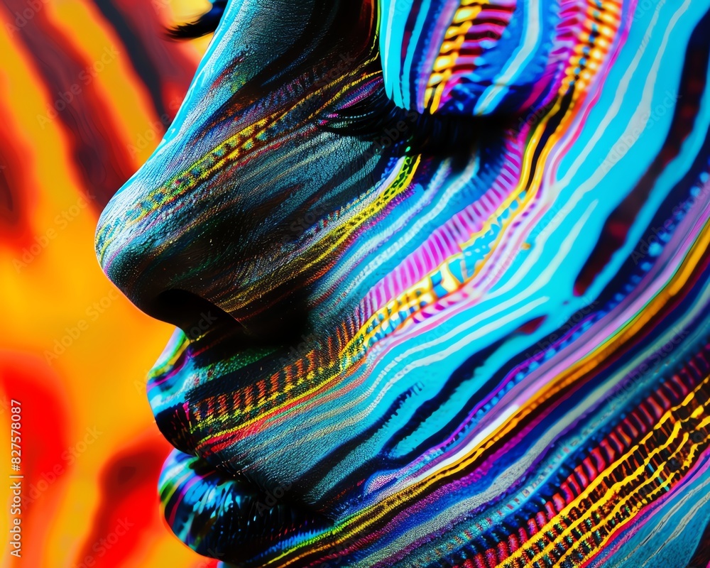 Poster close-up of a face with vibrant, colorful abstract lines creating a dynamic and artistic visual effe