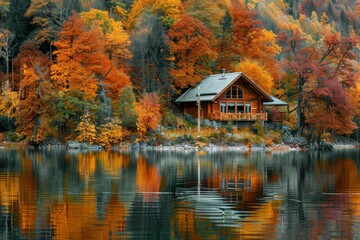 Fototapeta premium A cozy lakeside cabin nestled among autumn trees generated by AI