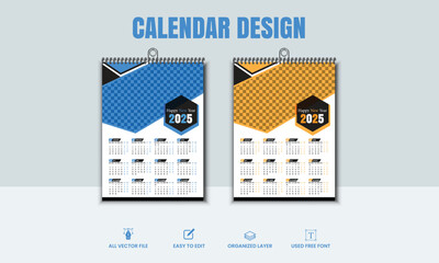 Editable 2025 calendar template featuring the city skyline in blue and orange themes. Vector files with organized layers and free fonts are included.