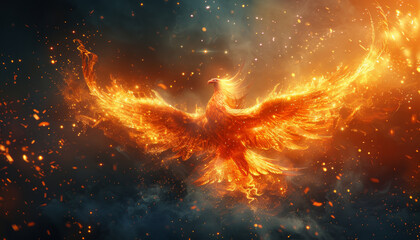 A red bird with gold feathers flying through a fiery sky by AI generated image