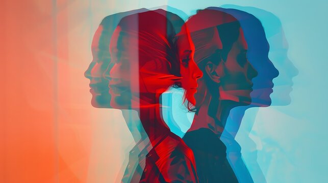 Abstract double exposure of a woman's silhouette with vibrant red and blue colors creating a surreal, dreamlike effect.