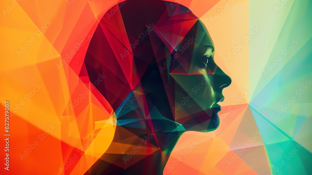 Poster abstract profile of a woman with colorful geometric shapes, creating a vibrant and artistic visual e