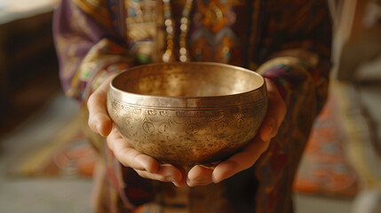 Bowl in the hands of prayer Tibetan singing bowl, generative AI