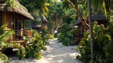 A path leading to the beach bungalow in an exotic tree house village surrounded by lush greenery and white sand,