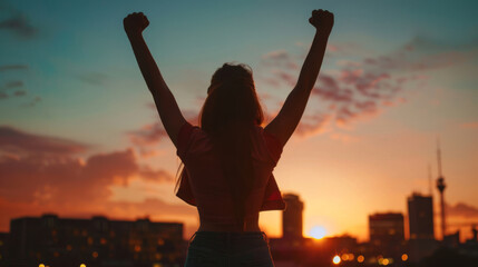 Silhouetted woman with arms raised, celebrating against urban skyline at sunset