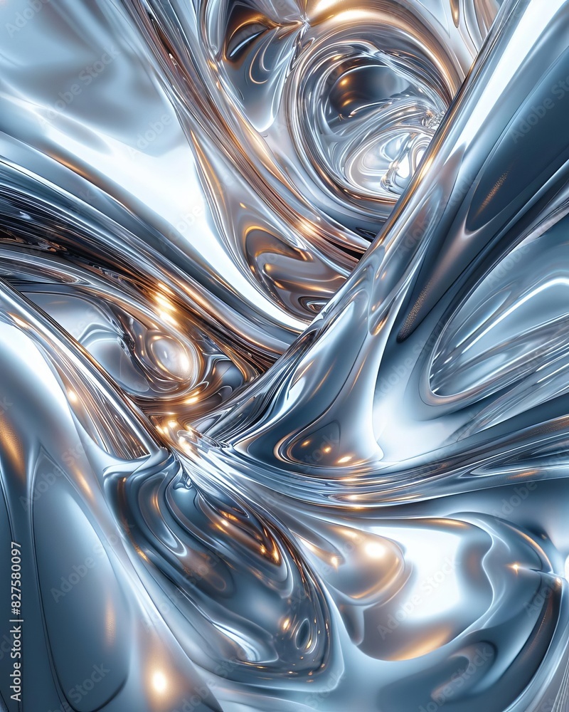 Poster abstract metallic swirl design with reflective silver and gold tones, creating a modern and futurist