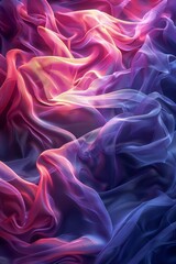 Obraz premium Abstract colorful silk fabric with fluid flowing patterns in shades of purple, pink, and blue. Ideal for backgrounds and artistic usage.