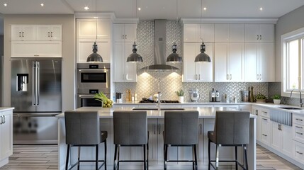 sleek contemporary kitchen with glossy glass tile backsplash and elegant pendant lights 3d illustration